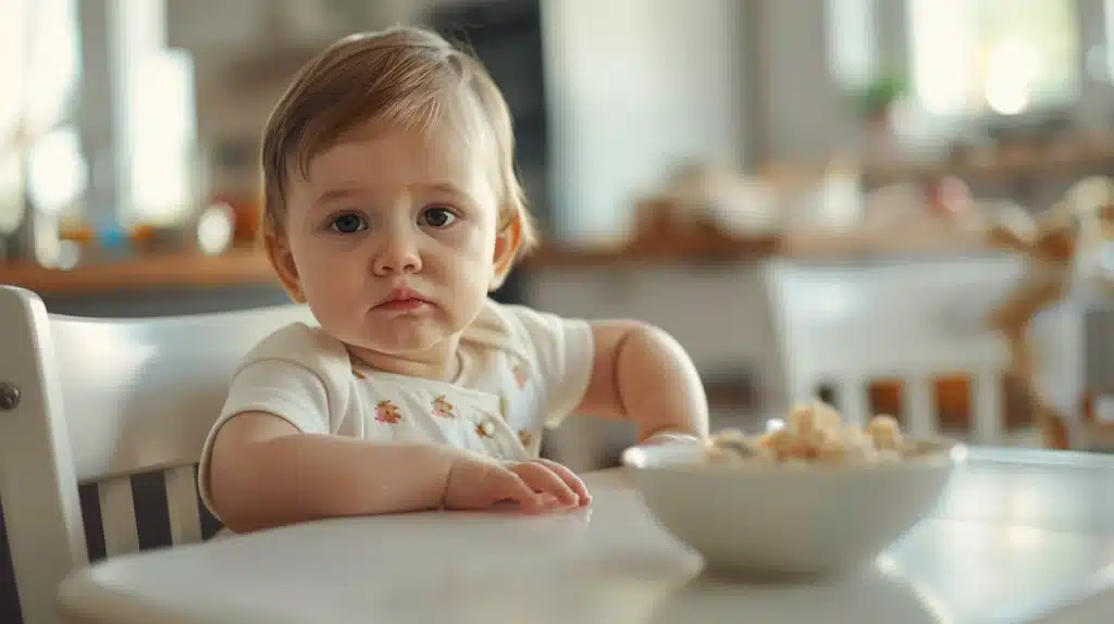 Baby sitting at table with cereal bowl