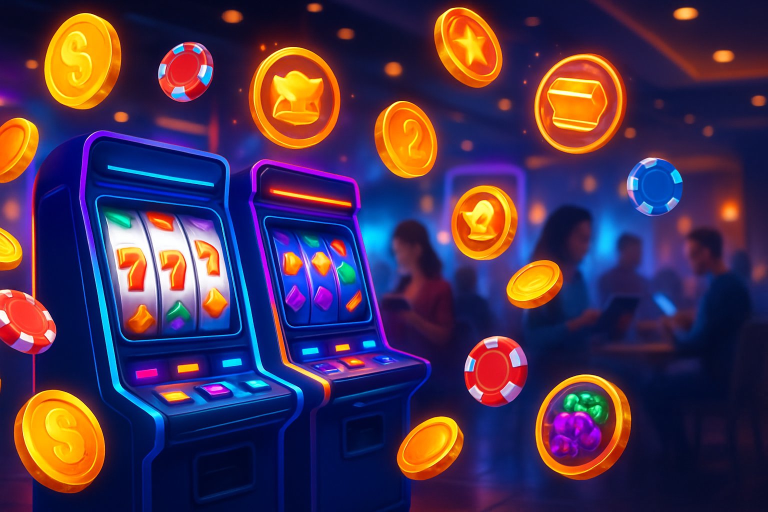 A lively casino scene with digital slot machines, floating coins and chips, and people playing games on mobile devices.