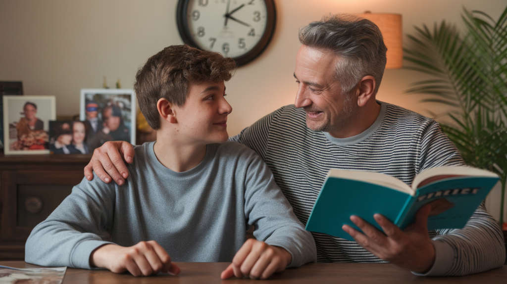 a-photo-of-a-parent-and-a-teenager-sitting-with-his-father