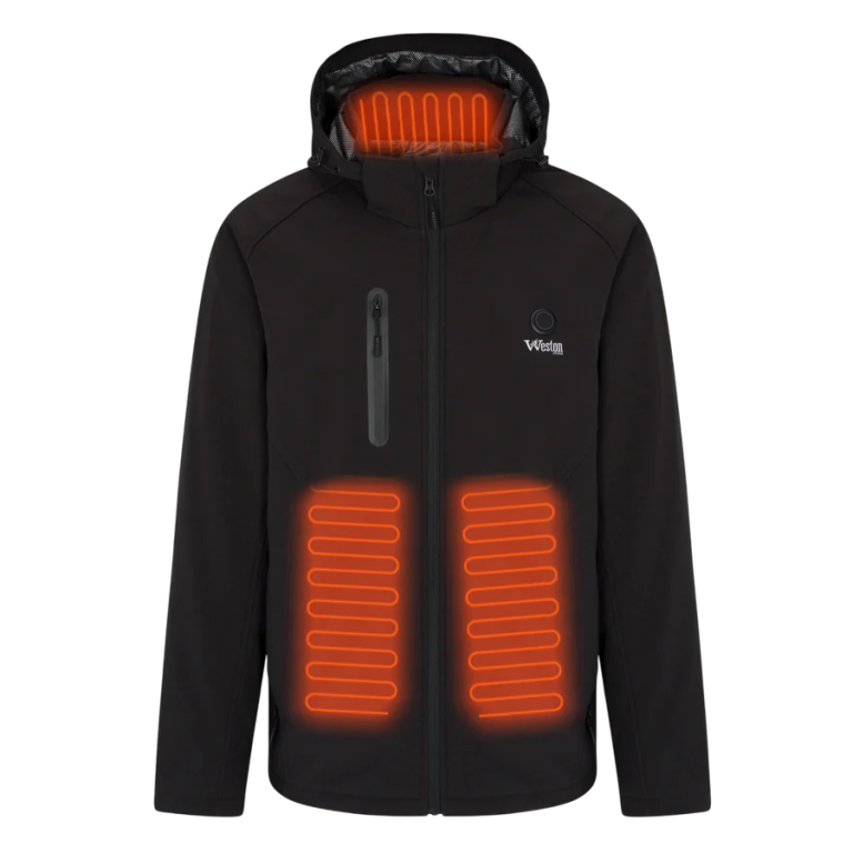 Black heated jacket with glowing orange warming zones.