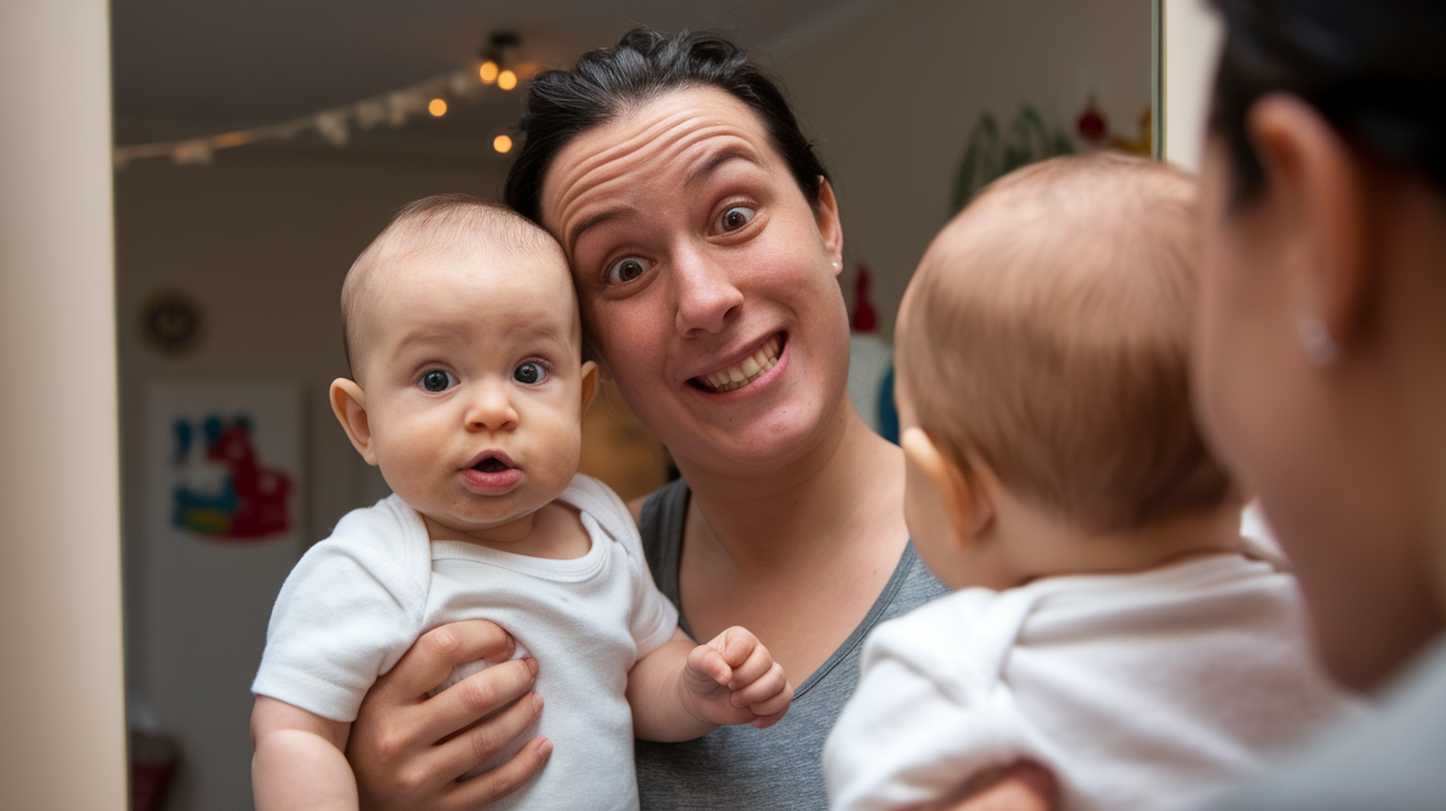 a photo of a baby and a parent standing