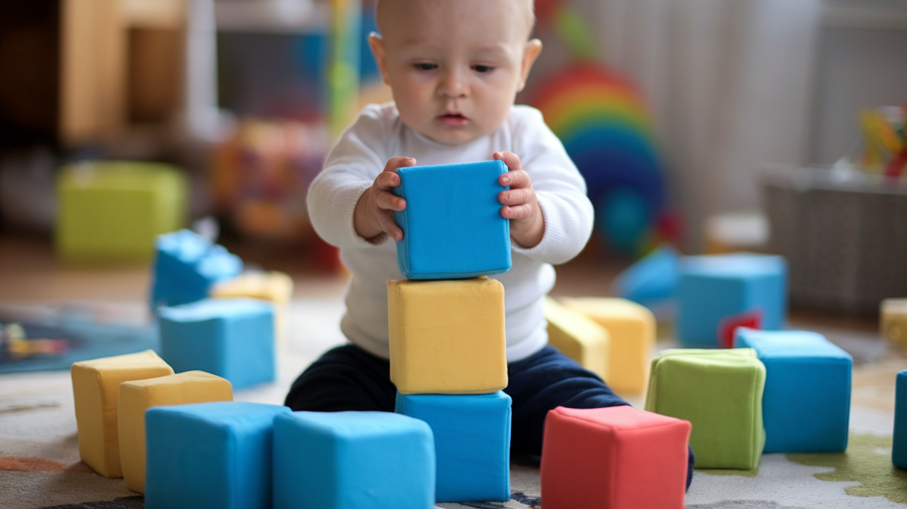 a photo of a baby holding a soft blue blocks
