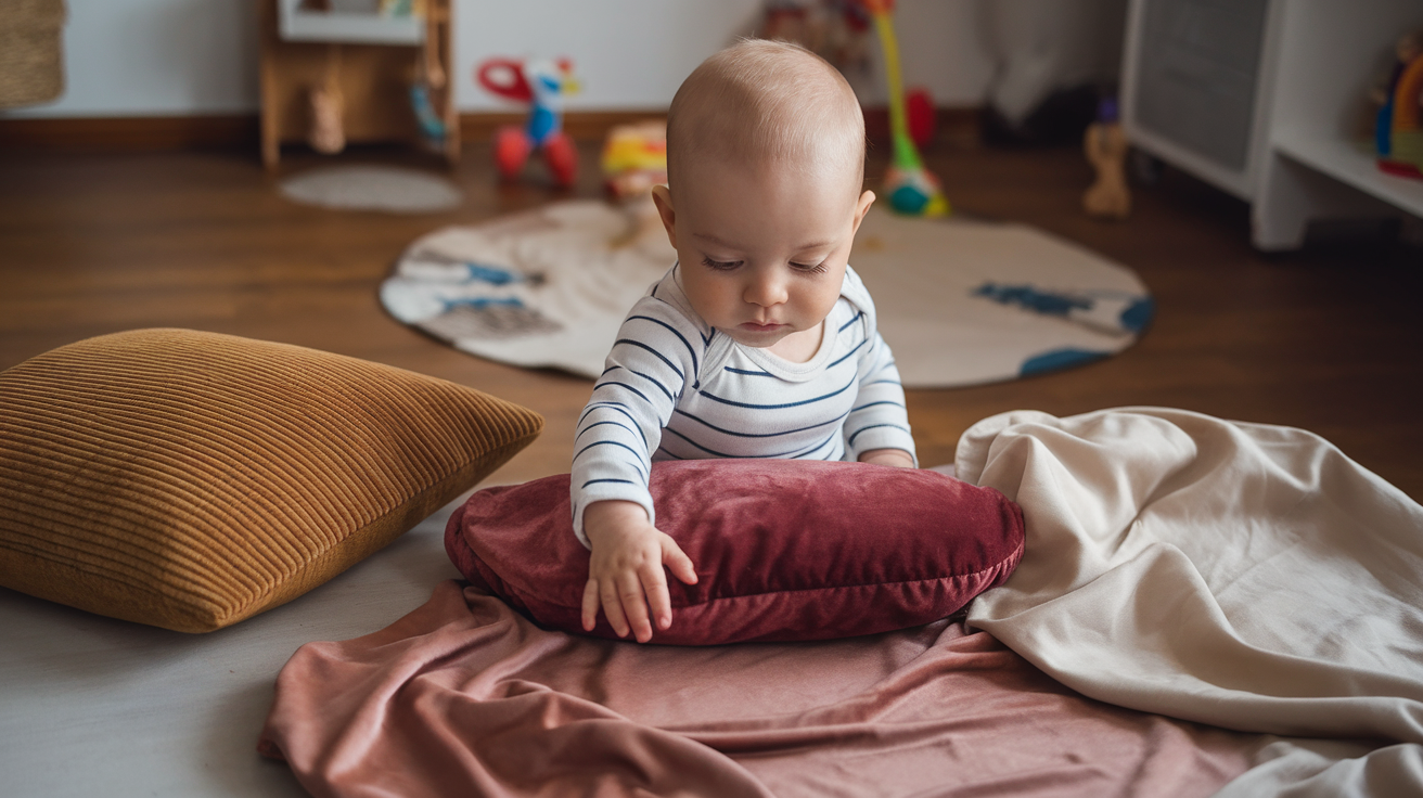 a photo of a baby sitting in a room