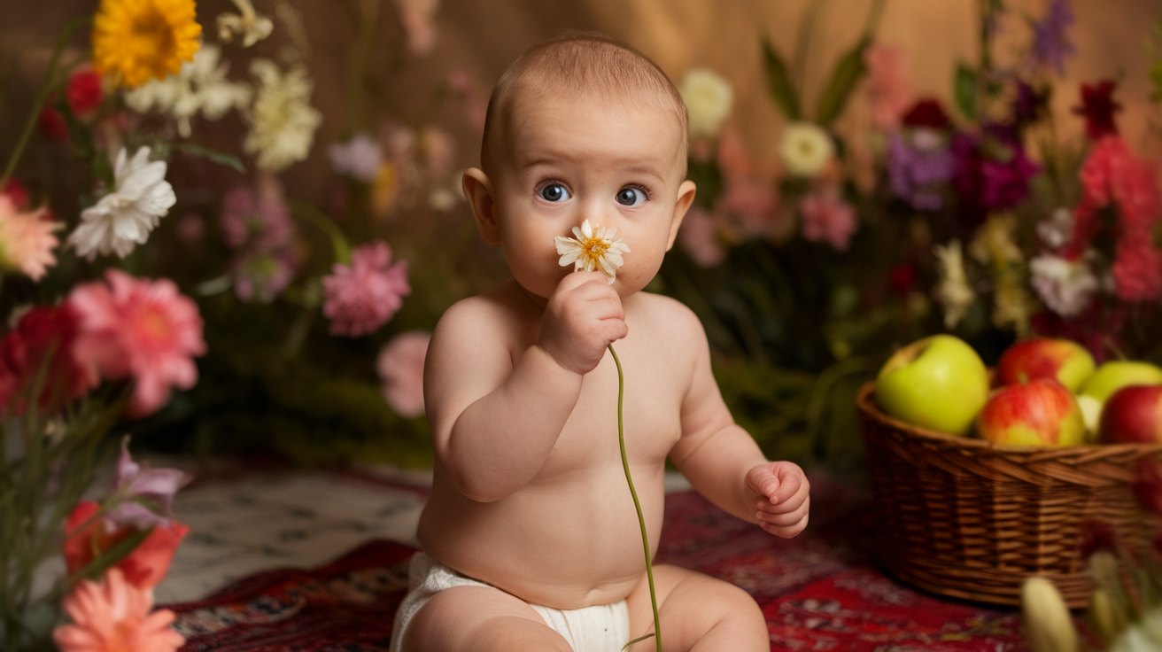 a photo of a baby sitting on a rug