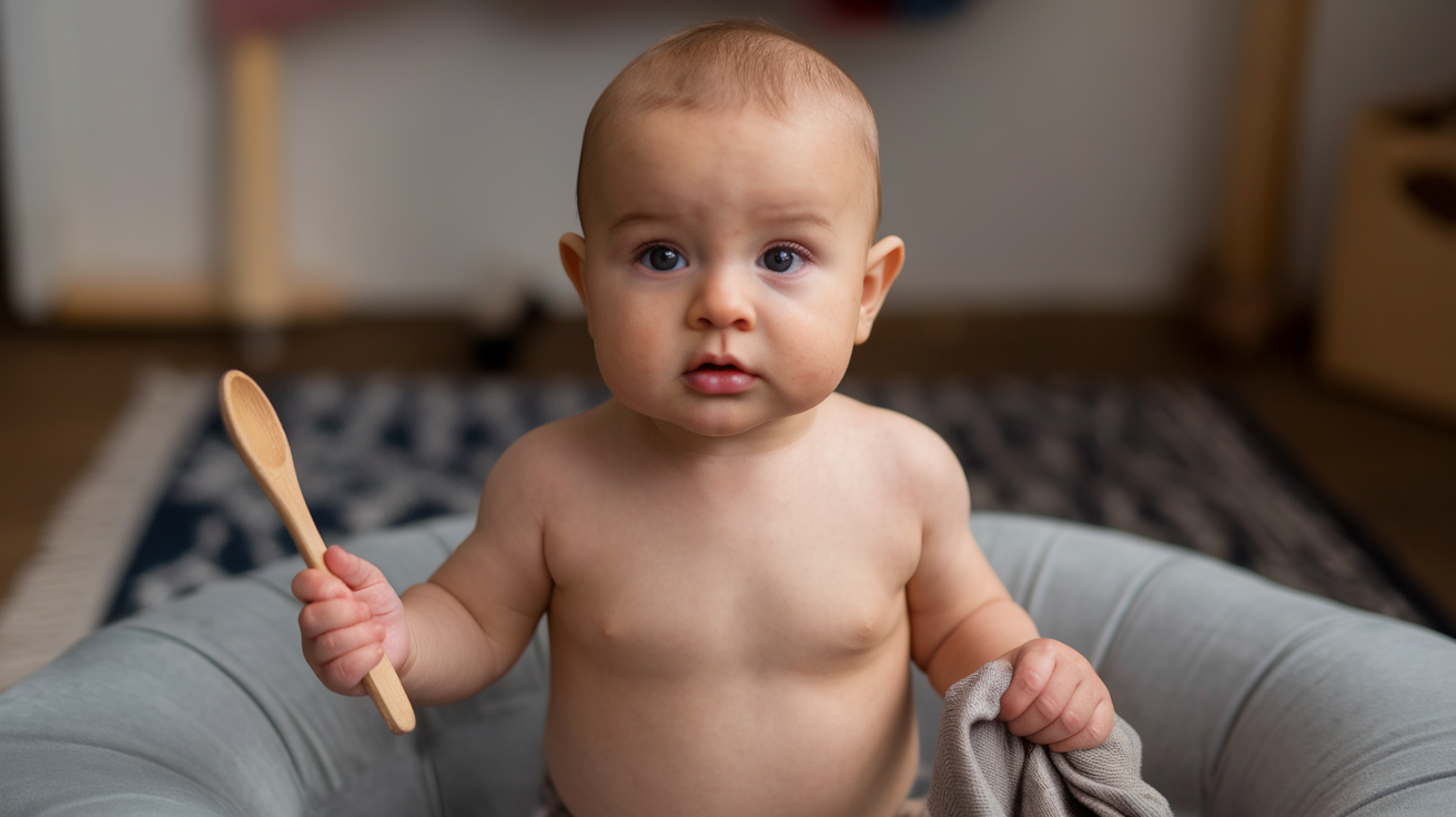 a photo of a baby sitting on a soft surface
