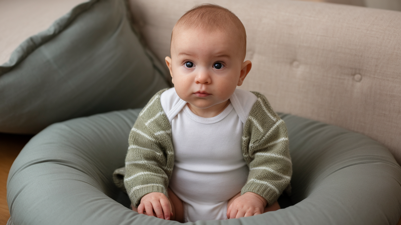a photo of a baby sitting on a soft surfcae