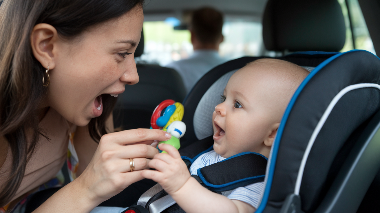 a photo of a mother echowing her baby toy
