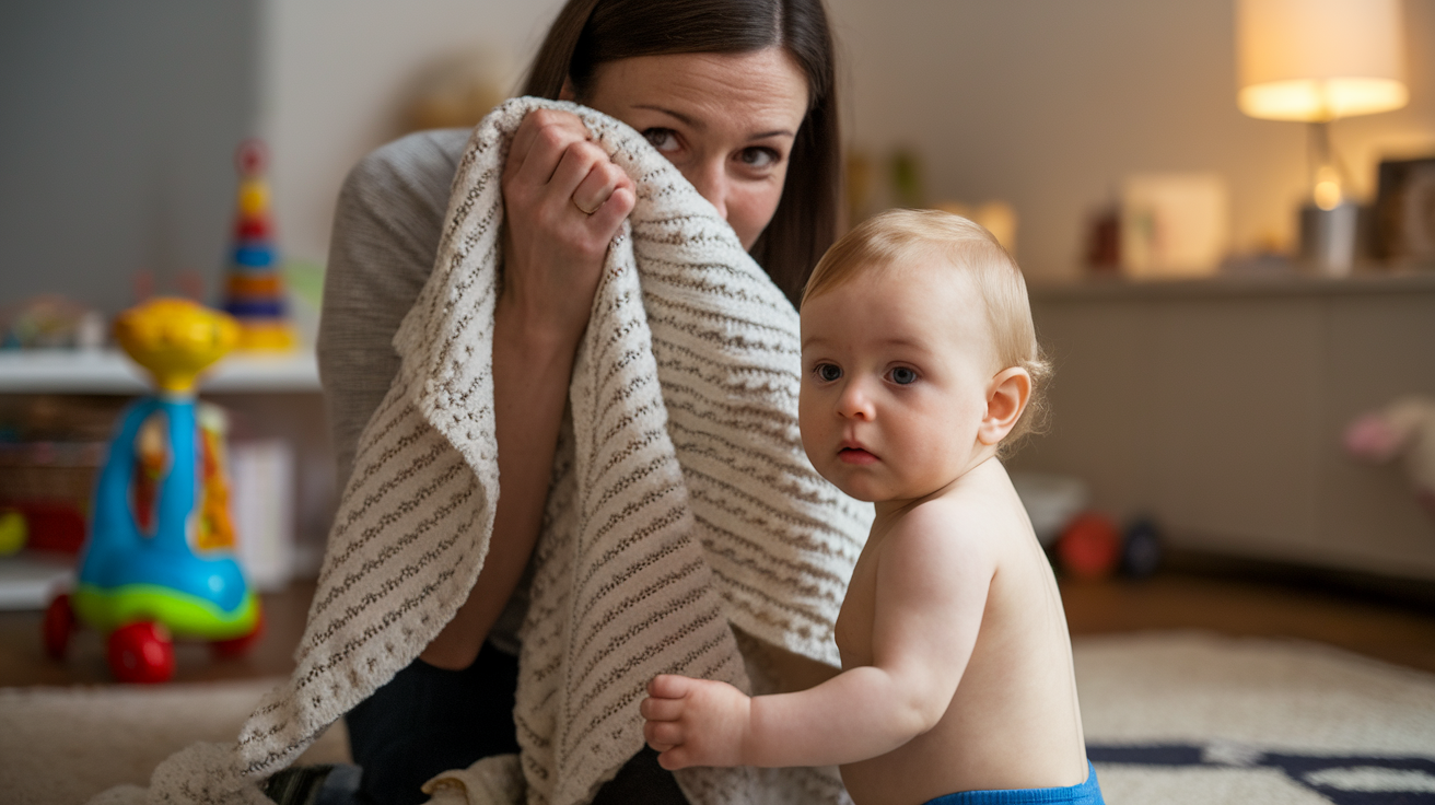 a photo of a woman playing peekaboo