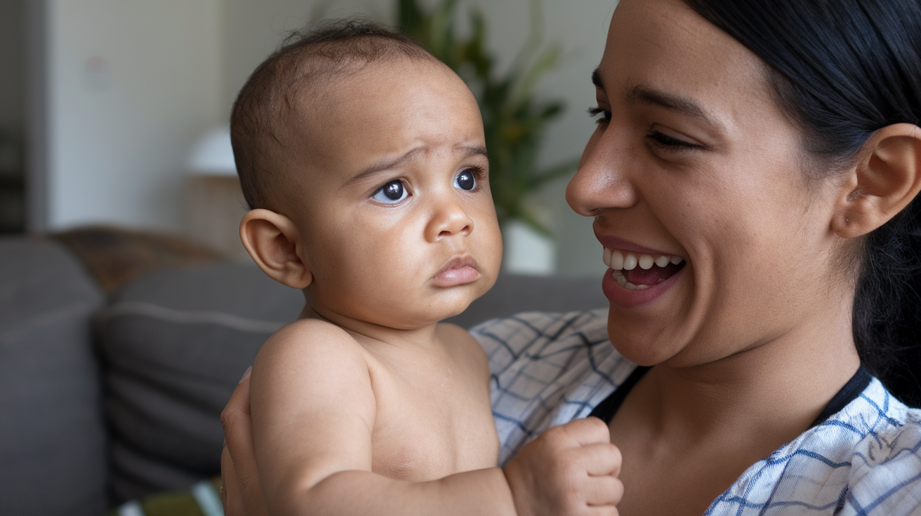 a photo of a woman talking to her baby
