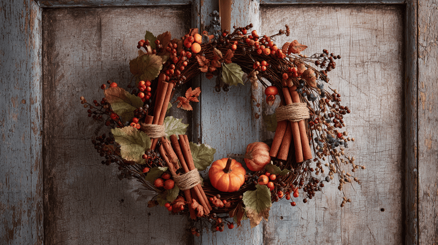 Cinnamon Stick Textured Fall Wreath With Faux Leaves And Pumpkins