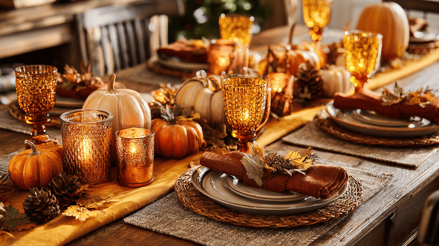 Fall Dining Table Settings With Pumpkins And Cinnamon Candles