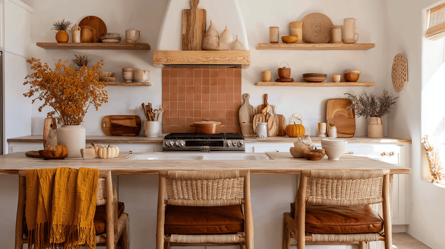 Fall Kitchen Design With Mustard Towels And Terracotta Backsplash