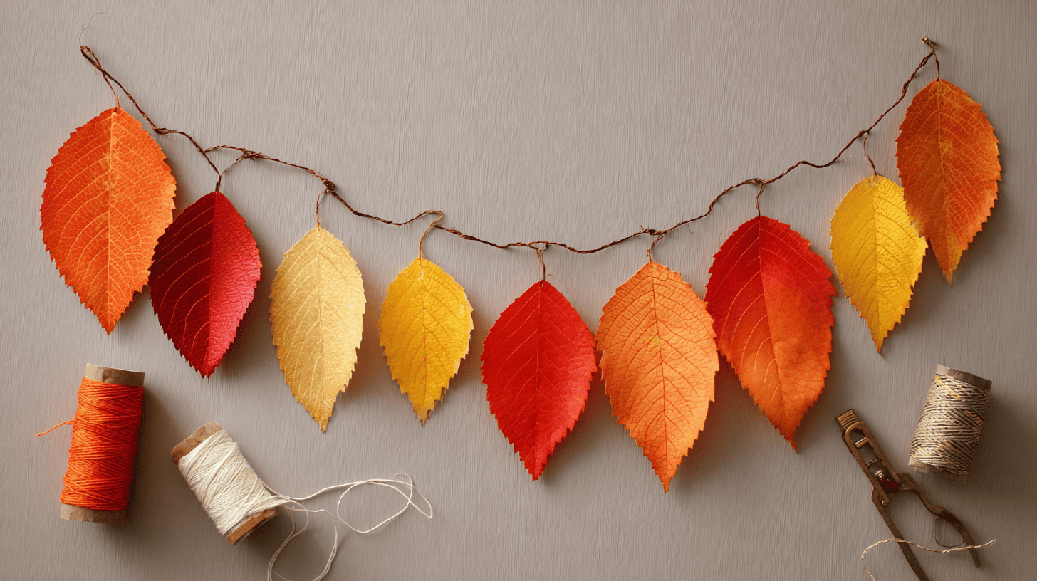 Fall Leaf Garland Strung With Yarn And Paper Leaves