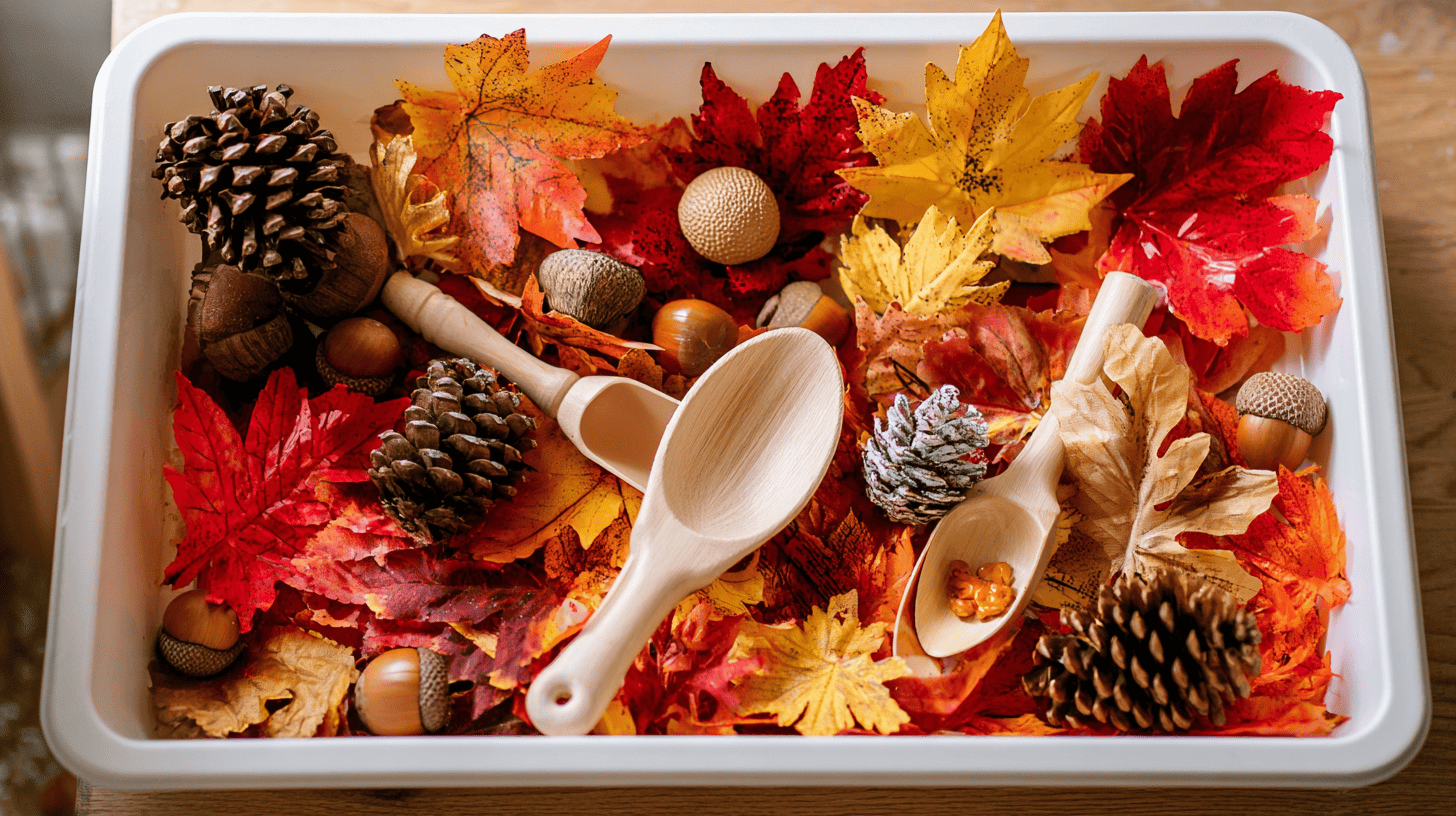 Fall Leaf Sensory Bin With Pinecones And Acorns