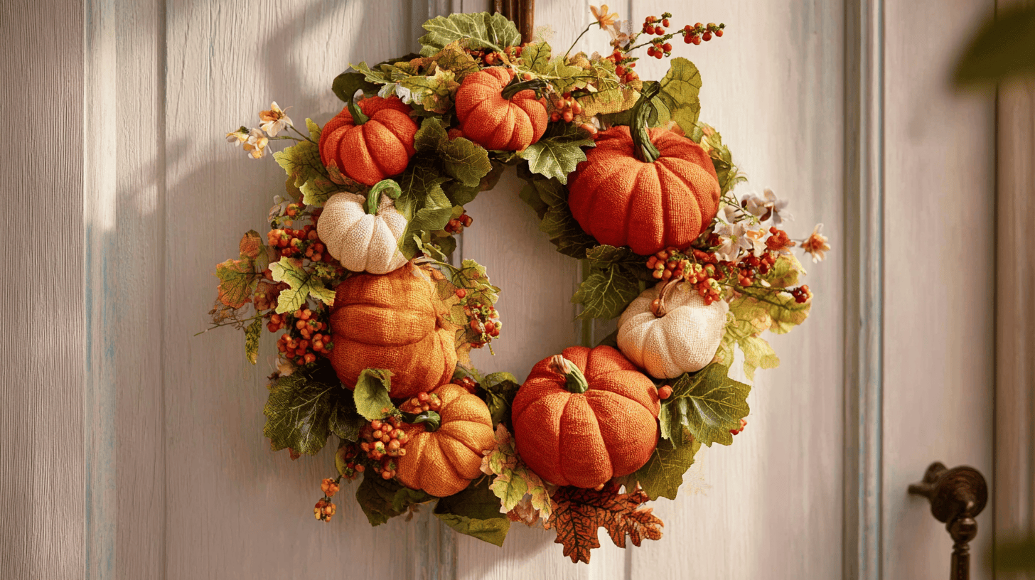 Foam Pumpkin Door Wreath With Faux Leaves Berries And Flowers