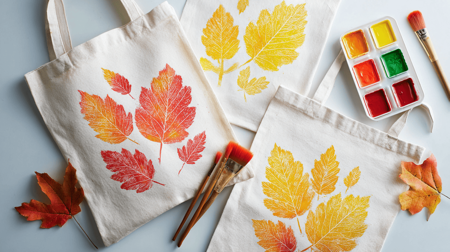 Leaf Stamping Tote Bags Kids Craft