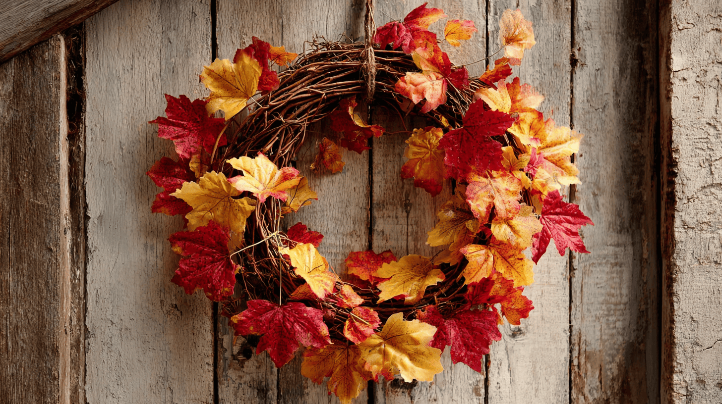 Leafy Grapevine Fall Wreath Decorated With Autumn Leaves On Wooden Door