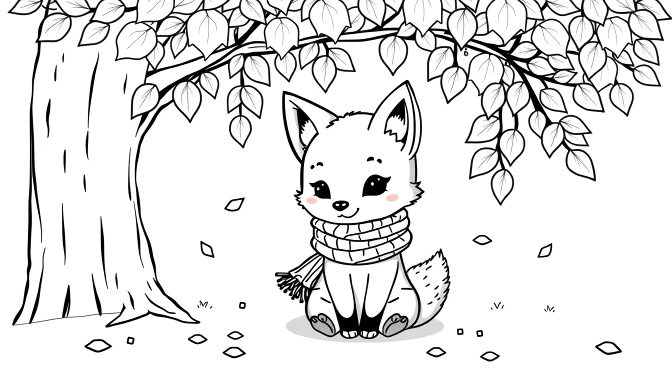 Little Fox Wearing Scarf Under Falling Leaves
