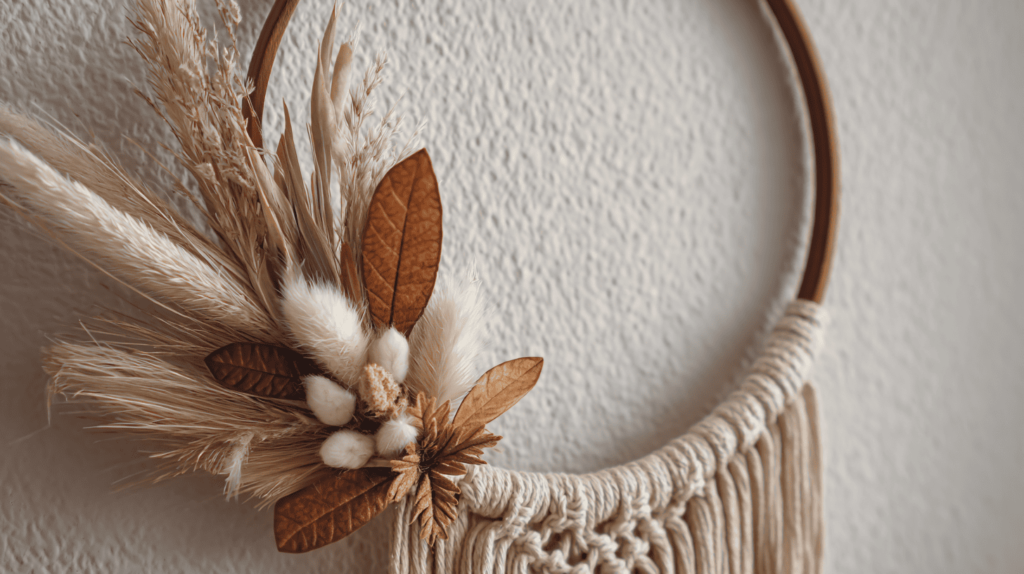 Macrame Boho Fall Wreath With Dried Grasses And Autumn Leaves