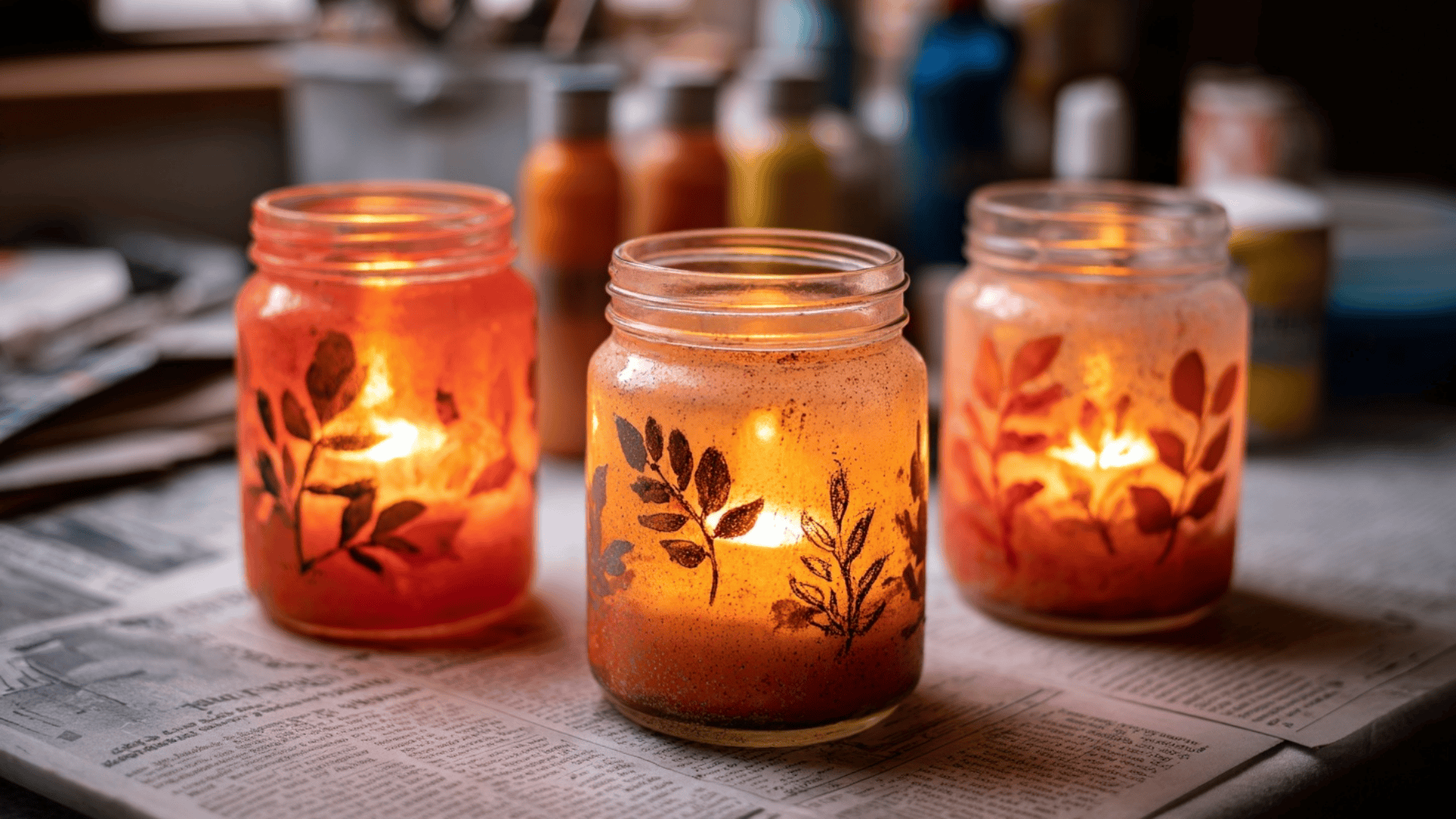 Mason Jar Leaf Stencil Candle Holders
