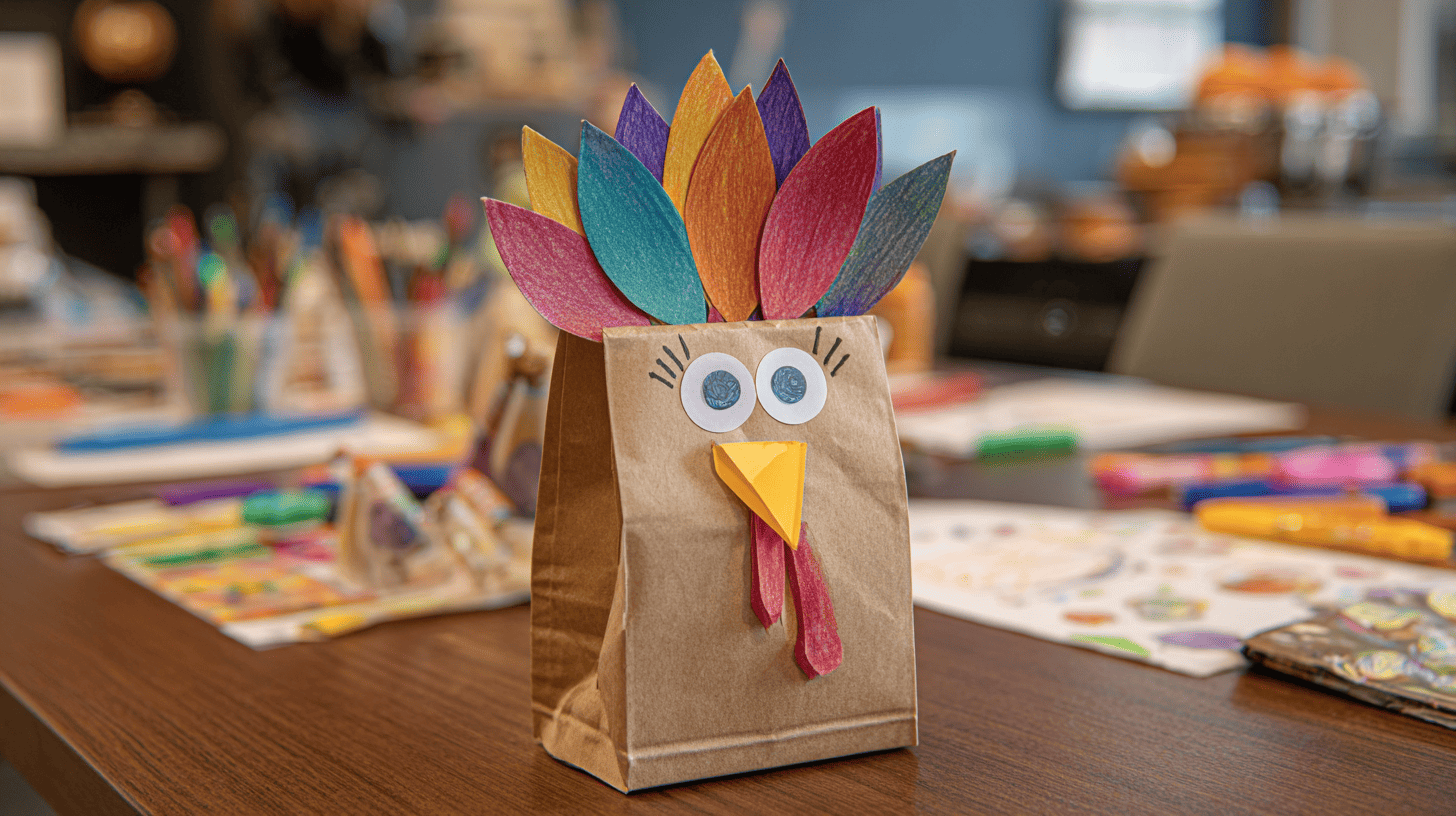 Paper Bag Turkey Puppet On Craft Table