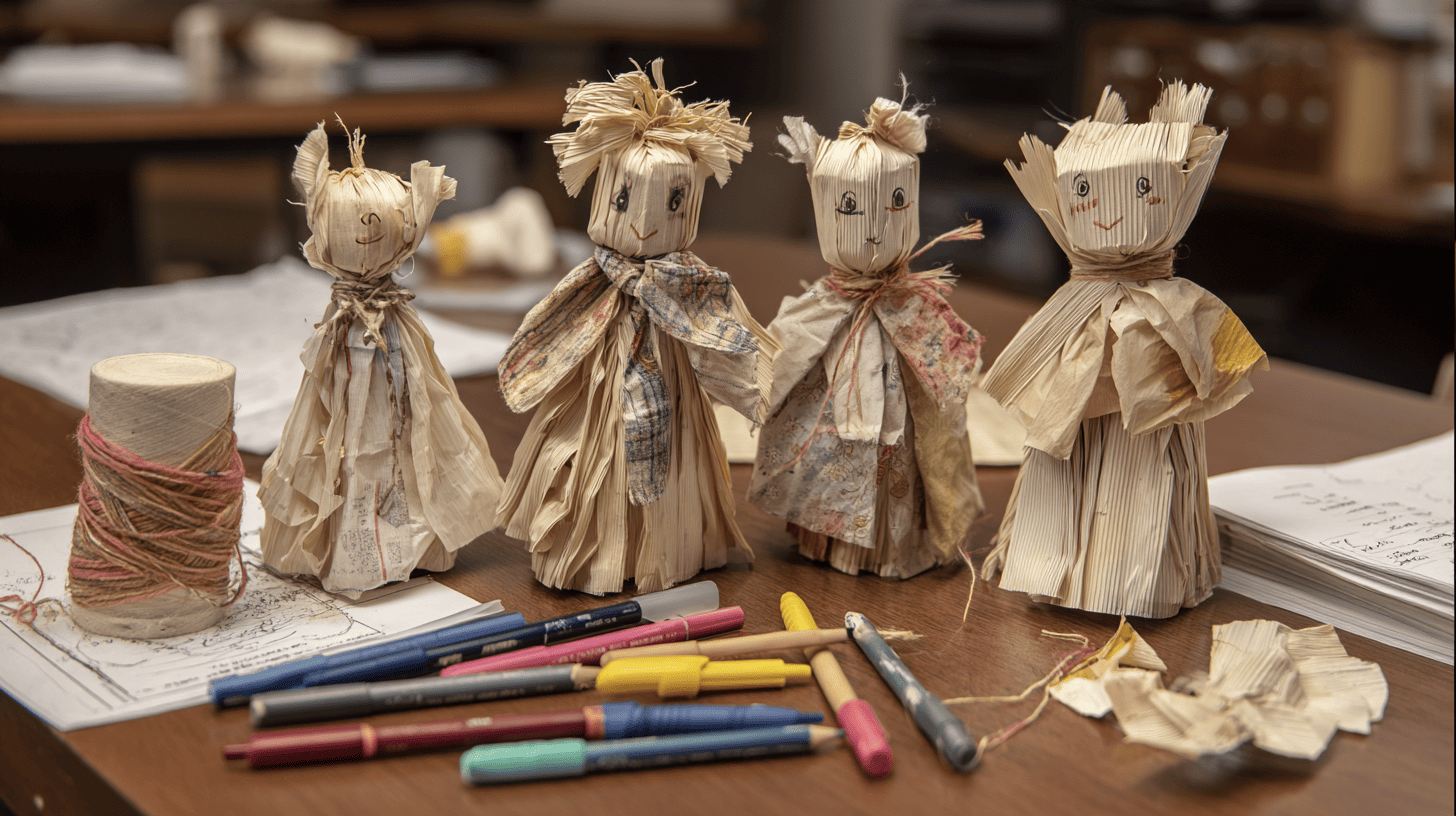 Paper Corn Husk Dolls With Yarn And Fabric