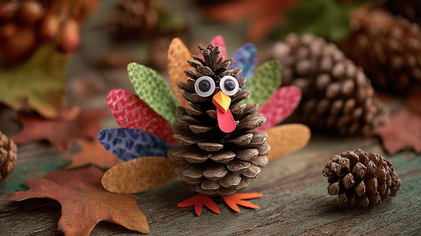 Pinecone Turkey Craft With Colorful Feathers
