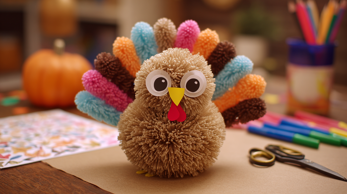Pom Pom Turkey Art On Craft Table