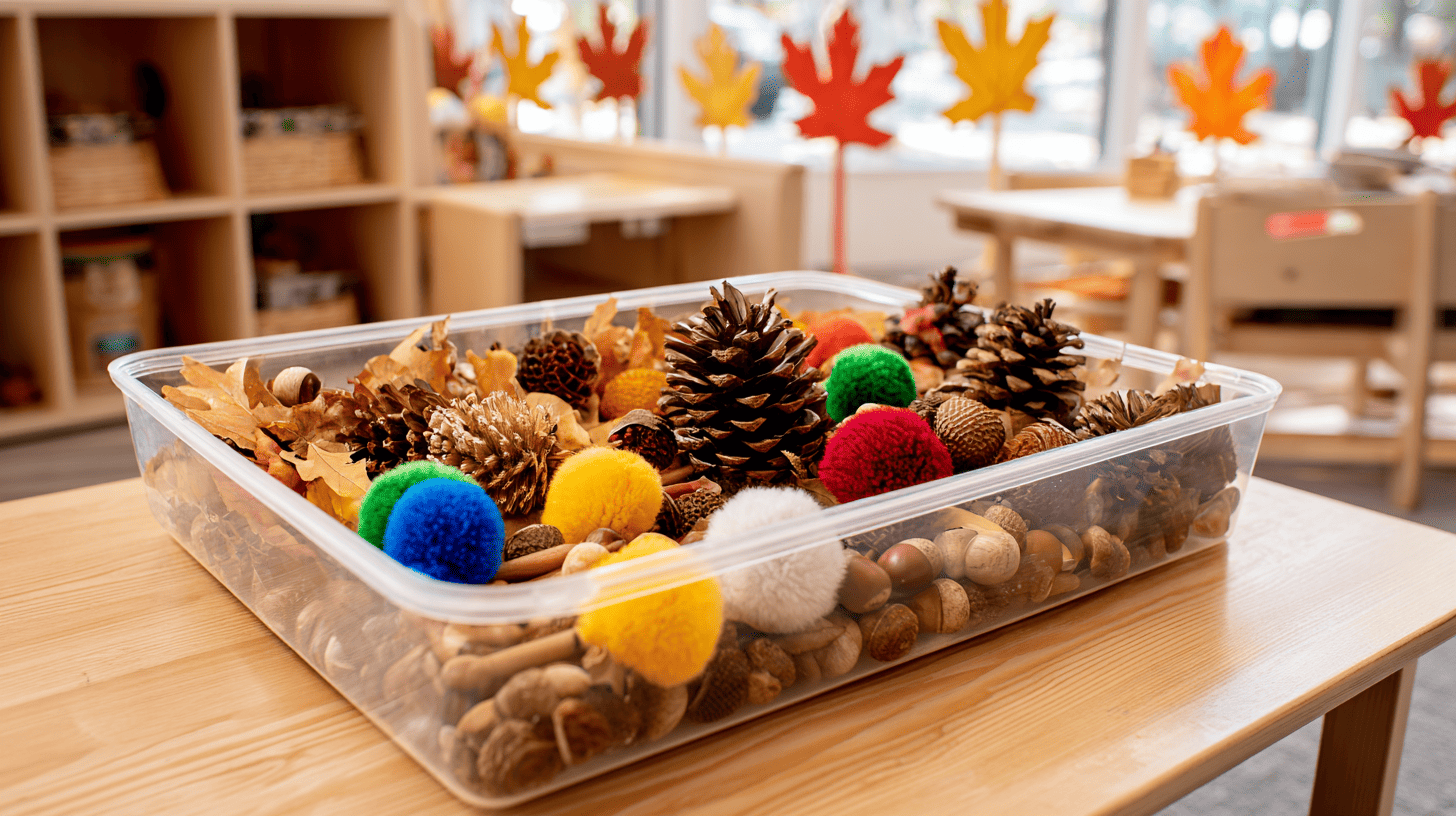 Sensory Bin With Leaves And Acorns