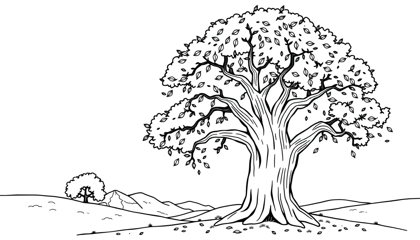 Tall Oak Tree with Falling Leaves