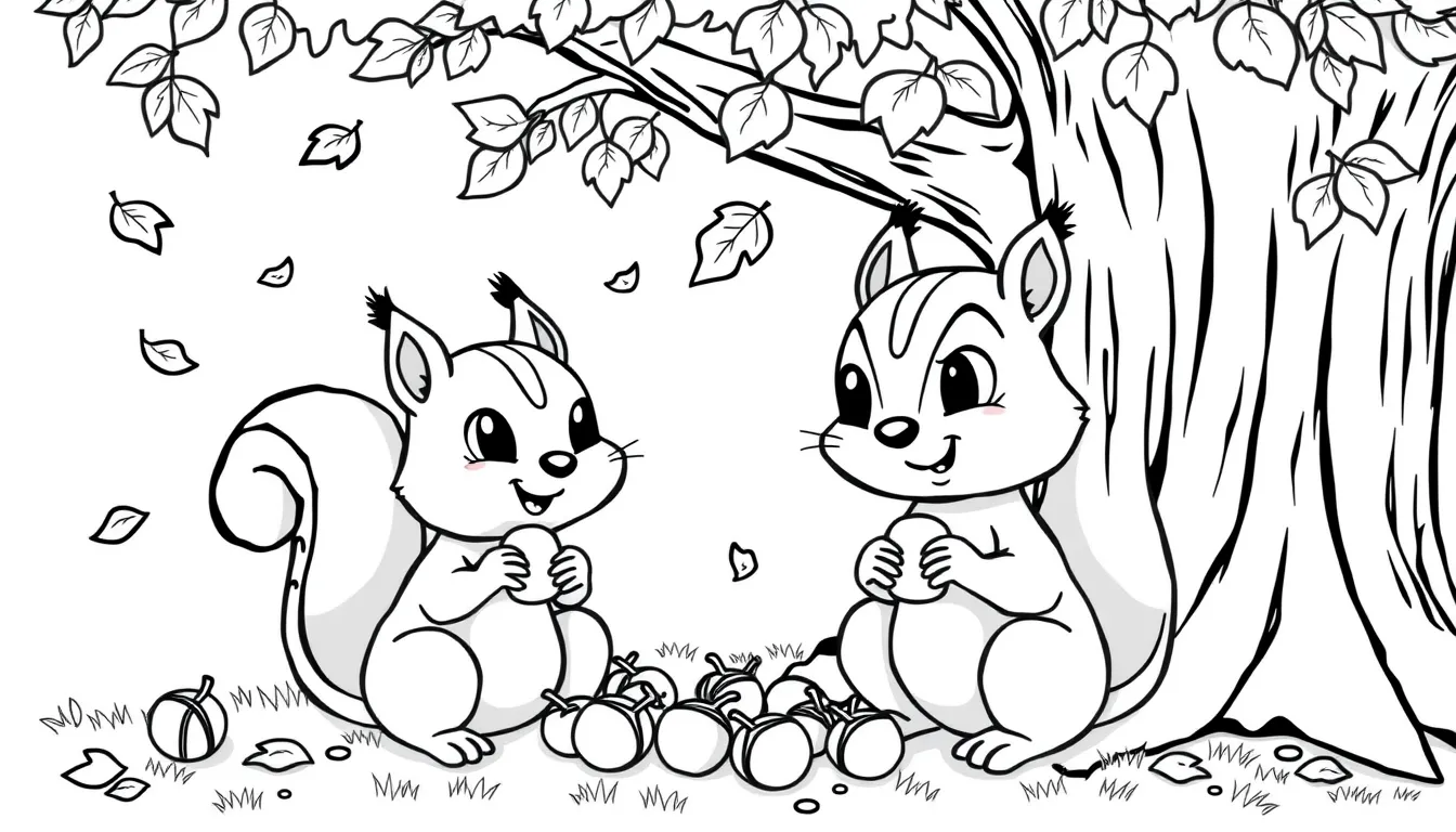 Two squirrels collecting acorns under a big oak tree