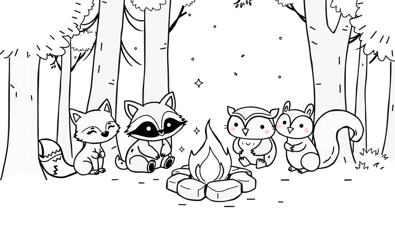 Woodland Creatures Around a Campfire