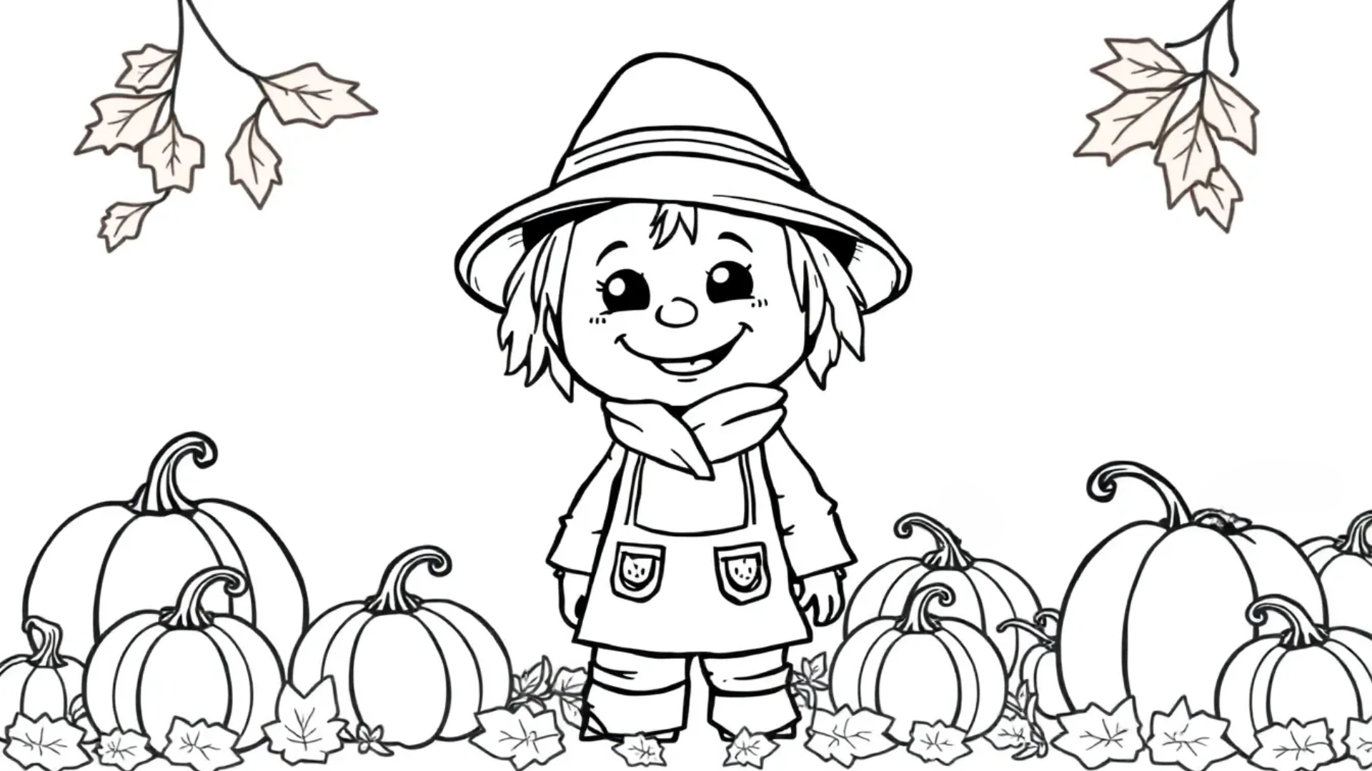 a girl standing in a pumpkin patch with falling leaves around