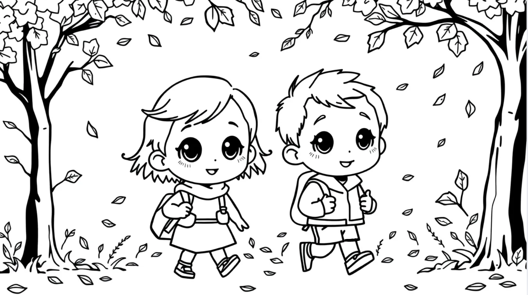 kids walking to school under falling leaves