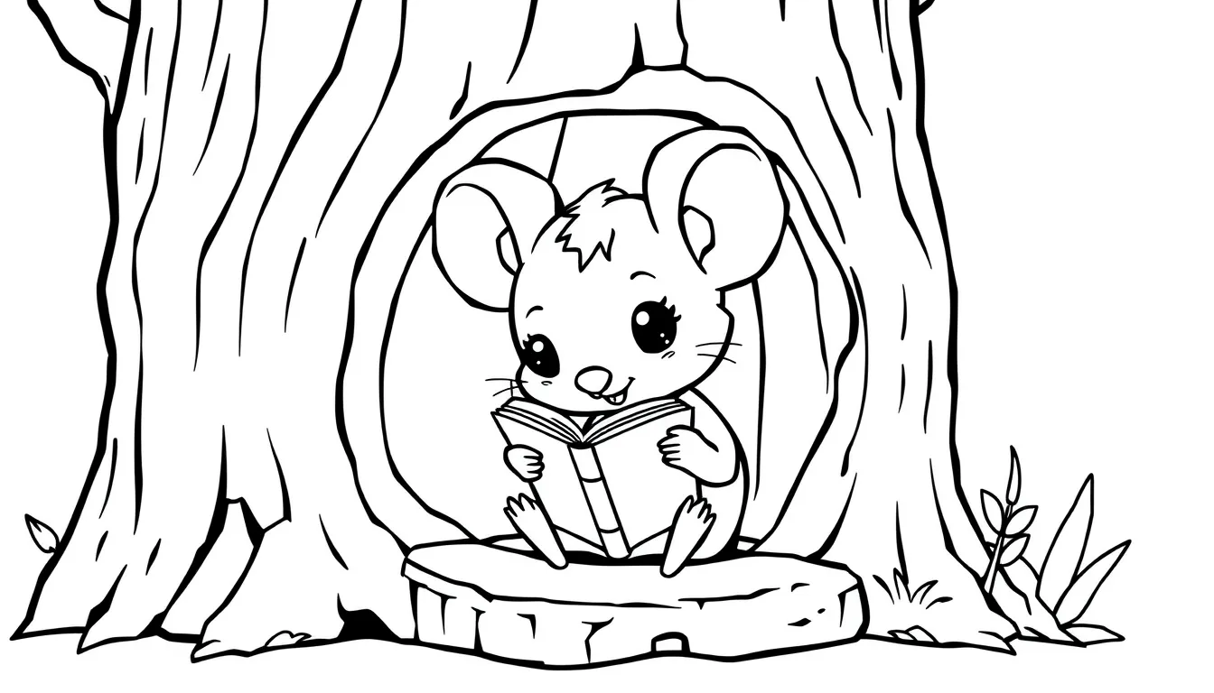 mouse reading a book inside a tree