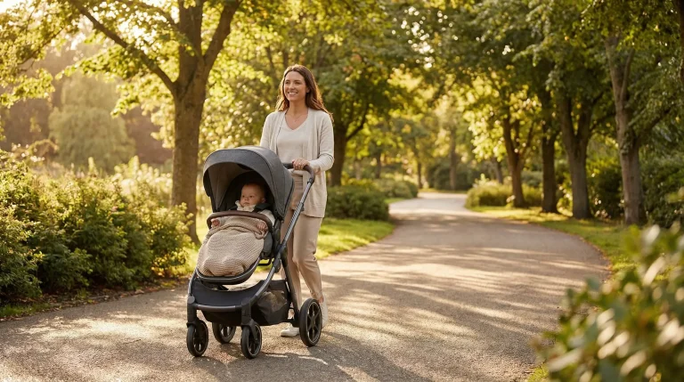 Woman pushing stroller with baby on sunny path through park with lush green trees