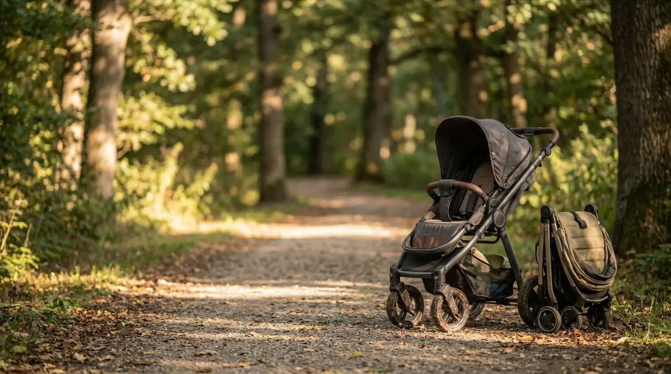 Baby stroller with folded bag on forest path under soft sunlight