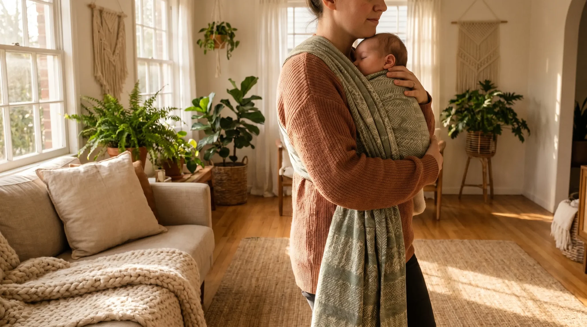 Woman holding baby in sling in cozy living room with plants and natural light