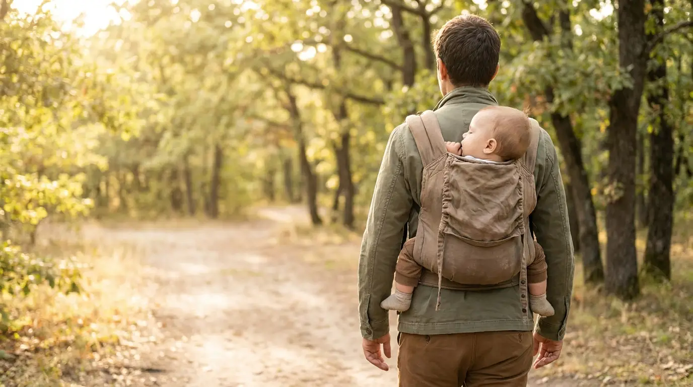 Man carrying baby in a backpack walking on a wooded path in warm sunlight