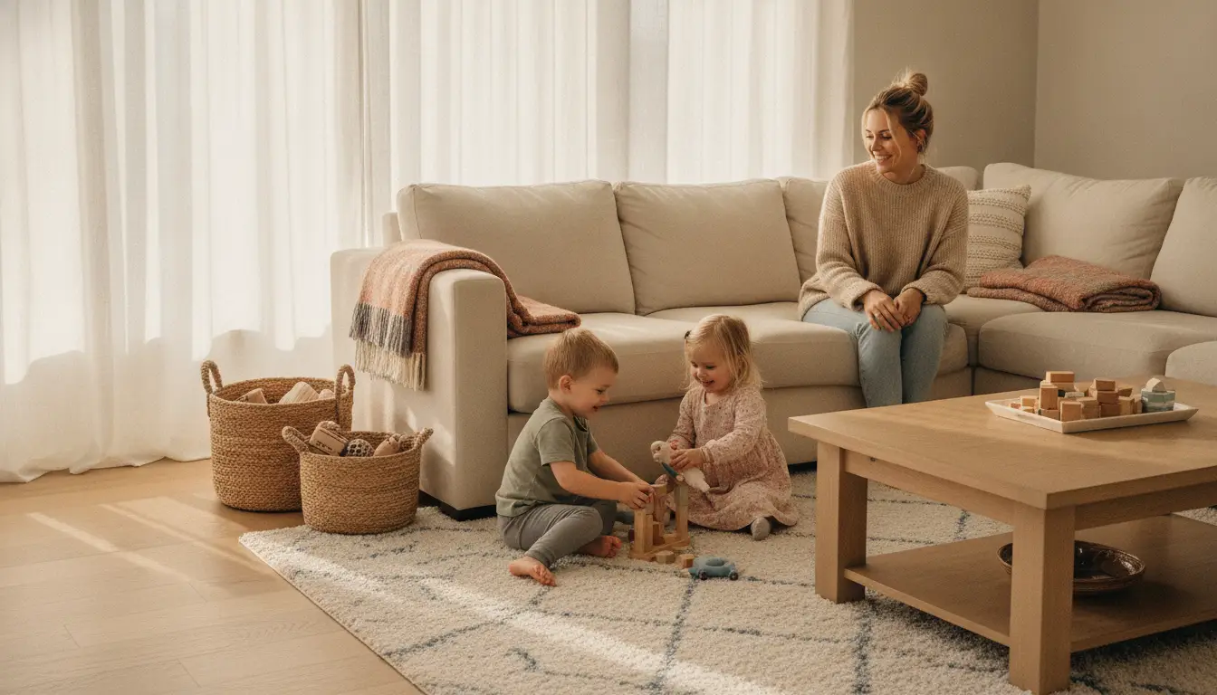 Children playing with blocks on living room floor, smiling woman watching from beige sofa