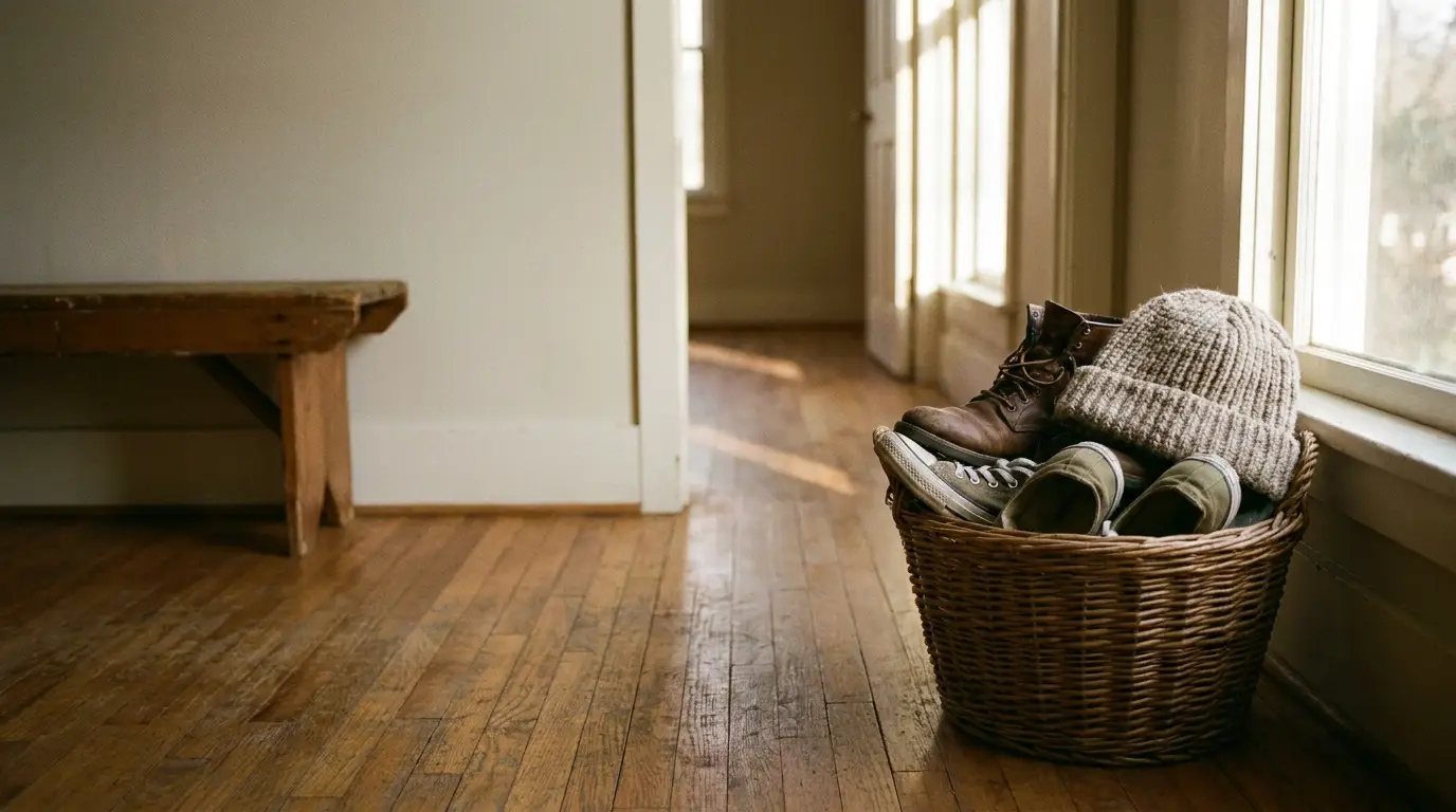 Wicker basket with shoes and knit hat on wooden floor in sunlit room