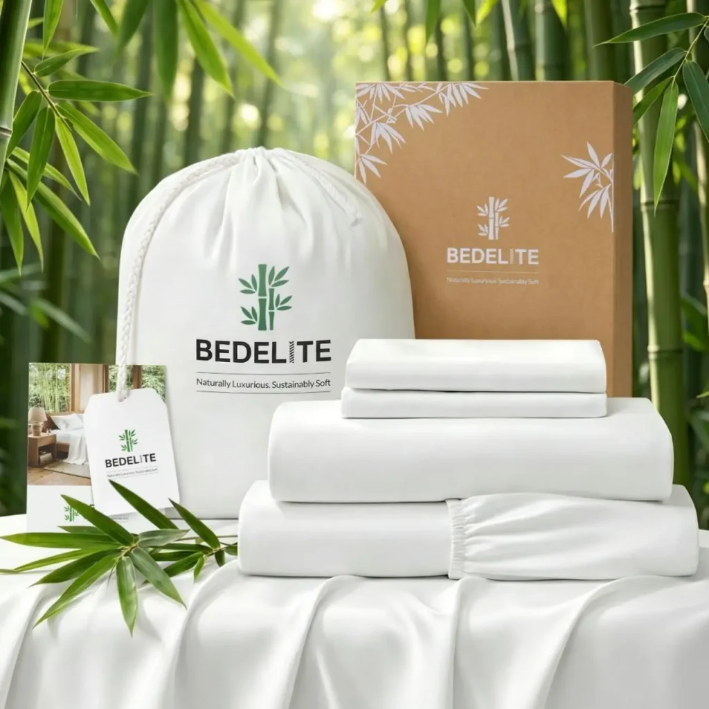 White bed sheets and packaging with bamboo design in lush bamboo forest setting