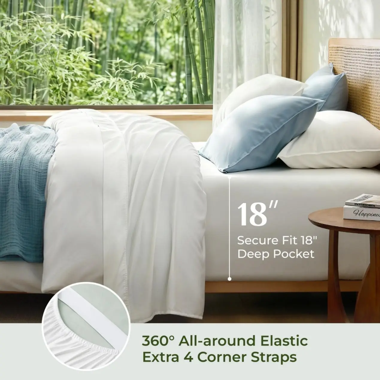 White bed with blue pillows and blanket next to bamboo-filled window in bright bedroom