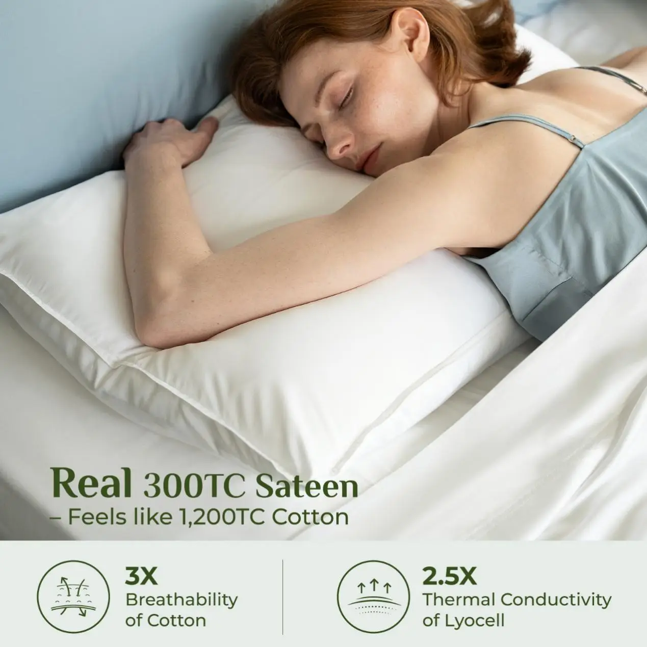 Woman sleeping on white pillow with blue camisole in well-lit bedroom