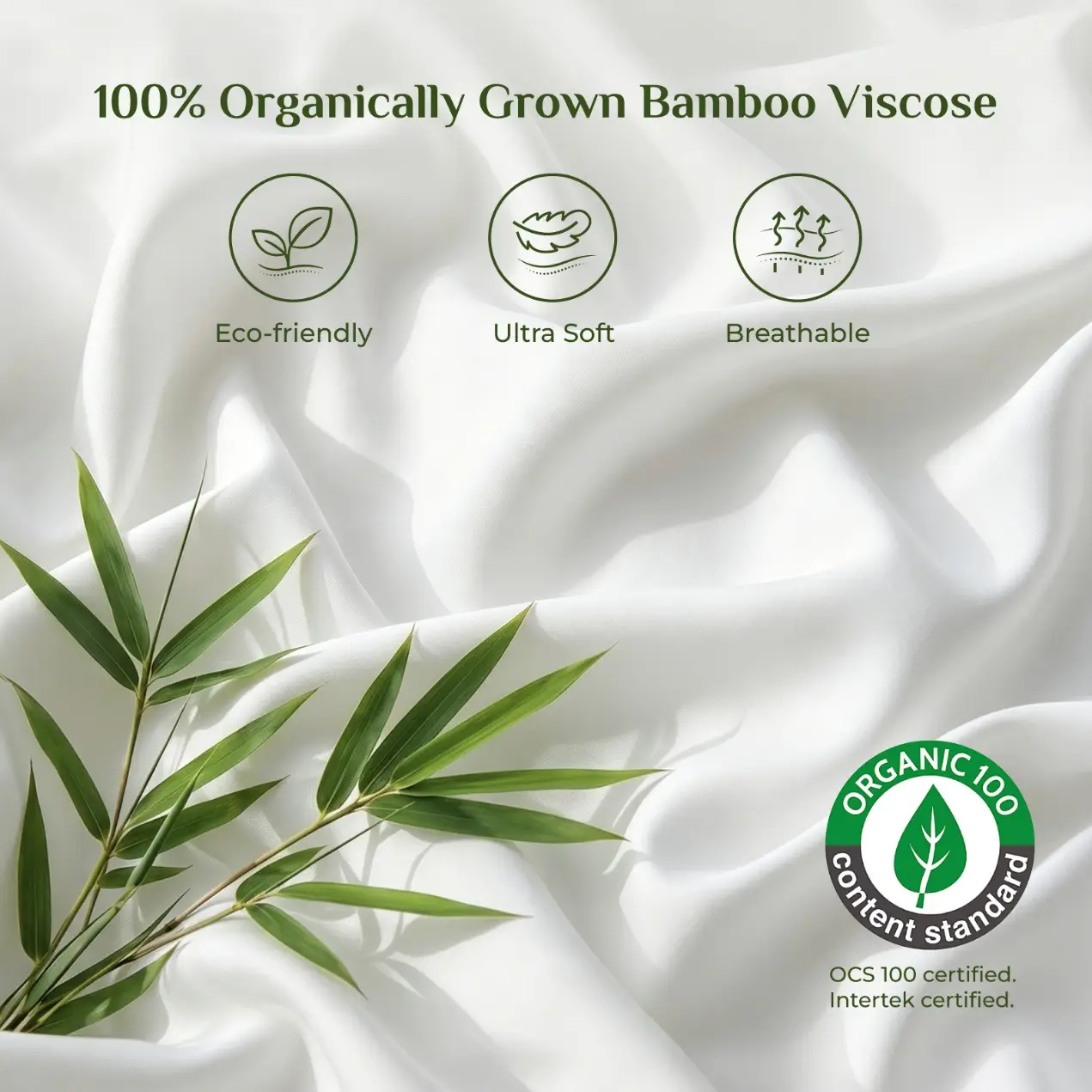 White bamboo fabric with green leaves on surface in soft natural light