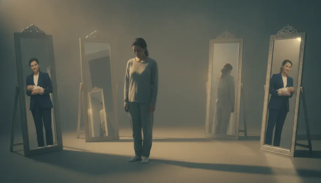 Woman in casual pajamas stands in front of mirrors showing her holding a baby in business attire
