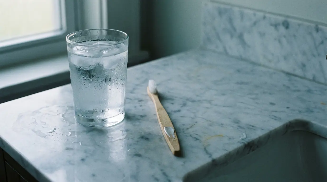 Glass of ice water and bamboo toothbrush on marble bathroom counter