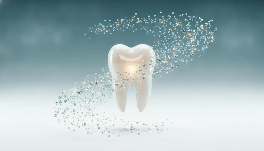 Tooth surrounded by sparkling particles on a gradient blue background