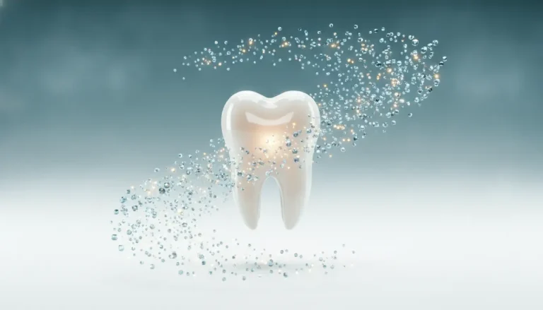 Tooth surrounded by sparkling particles on a gradient blue background