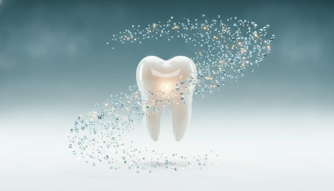 Tooth surrounded by sparkling particles on a gradient blue background